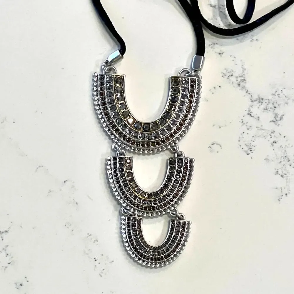 NWT Lucky Brand Pave Leather Arch Silver Boho Pendant Necklace